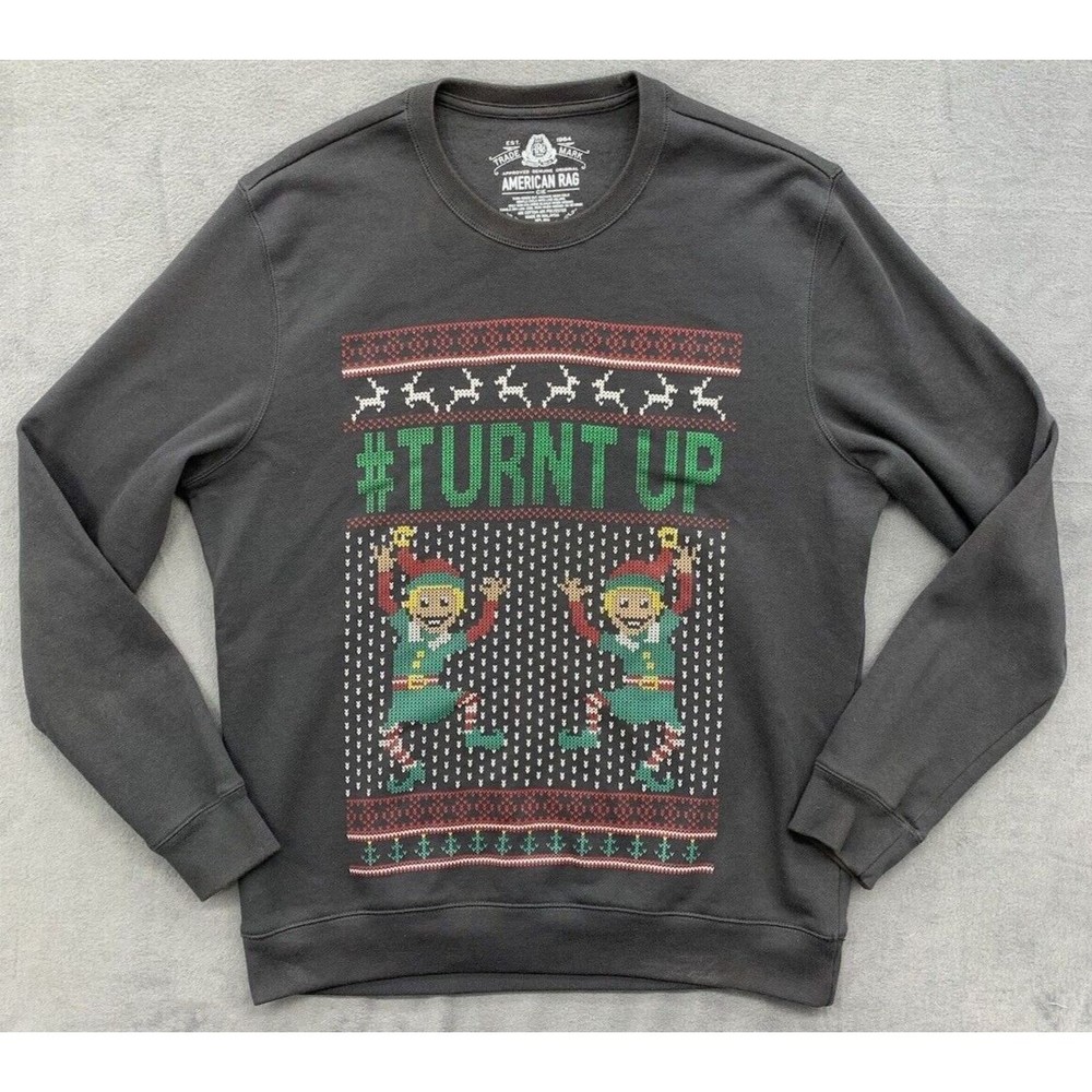 American Rag Sweatshirt XLarge Gray Elves Turnt Up Holiday Ugly Sweater